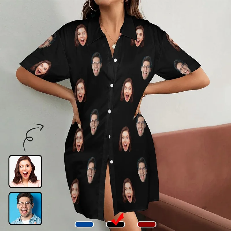 Personalized Women's Satin Nightgown Custom Face Solid Color Silk Nightshirt Button Down Sleepshirt