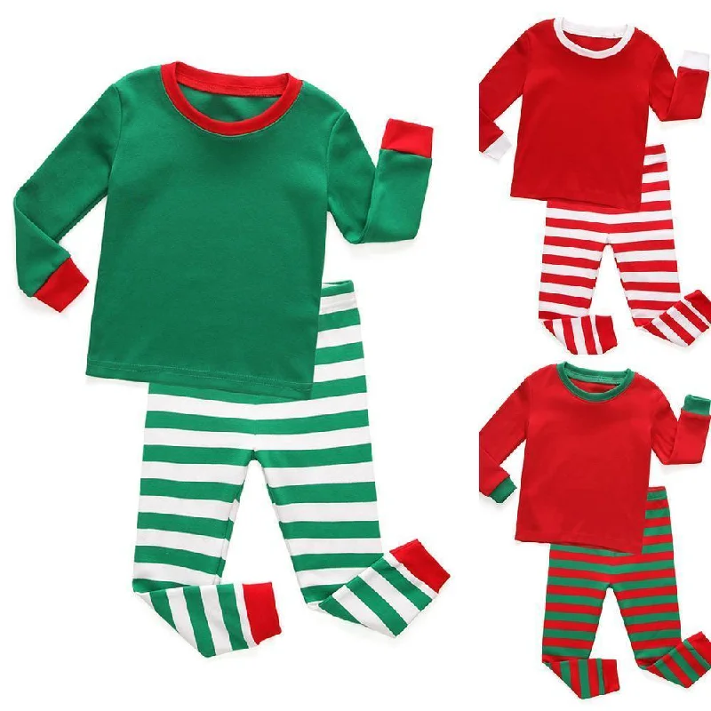 Red Green Christmas Kids Sleepwear Stripes Top Pants Pajamas Set