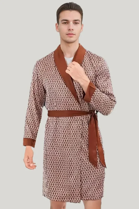 V-Neck Satin Men'S Long-Sleeved Bathrobe, Comfortable And Breathable Sleepwear With Geometric Patterns