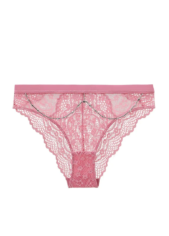 BECKY Plus Sexy Pink Floral Lace Brief Panties with Detachable Diamond Chains