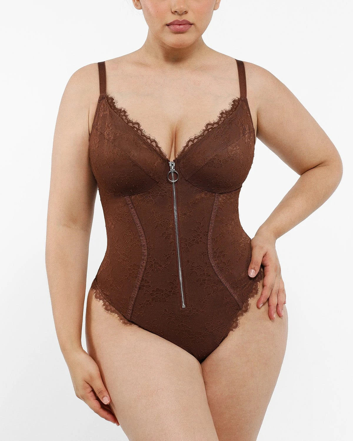 Lace Glamour Flawless Zip Front Thong Bodysuit